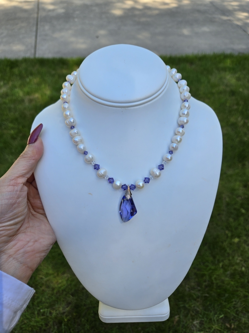 Artisan White Pearl Necklace with Blue Crystal Pendant